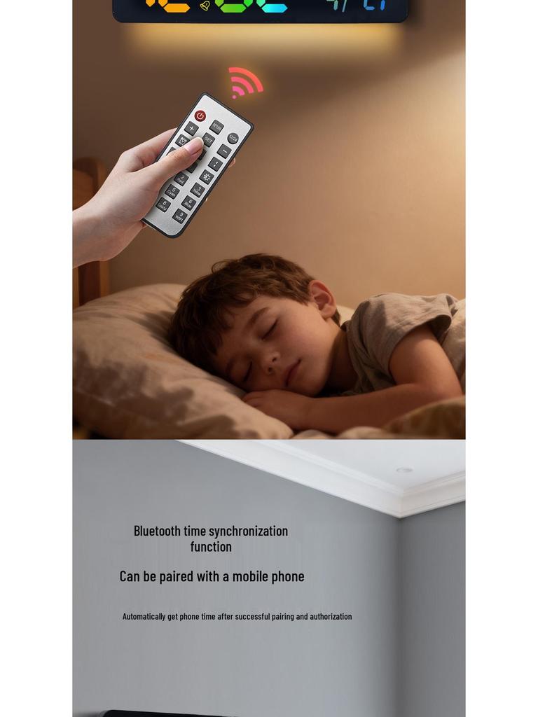 RGB Bluetooth Smart Wall Clock with Automatic Time Sync, Alarm, Temperature & Humidity Display, Perpetual Calendar, and Remote Control.