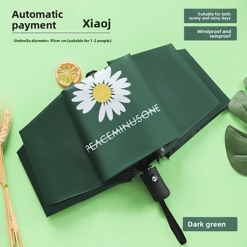 Modern Flower Printing Pattern Small Daisy Fully-Automatic Tri-Fold Plastic Folding Automatic Opening Sun Umbrella (Dark Green,21 &8 K) темно-зеленого