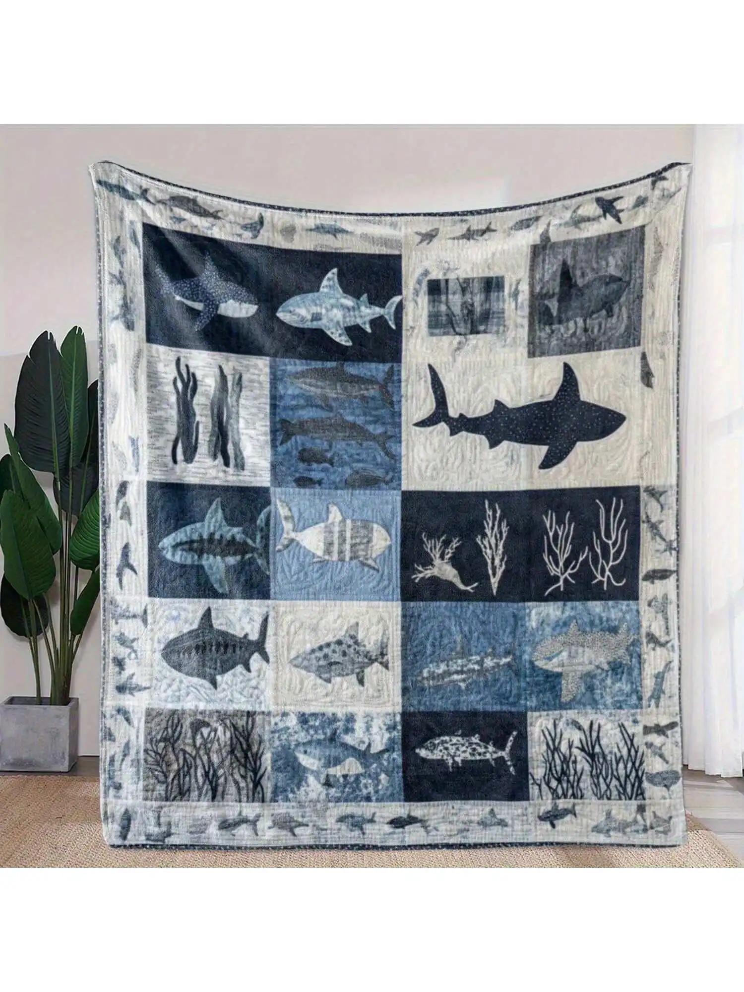 

Cozy Ocean Shark Flannel Throw Blanket Blue White Whale Print Soft Warm Lightweight for Bed Sofa Machine Washable 130x150cm51x59in