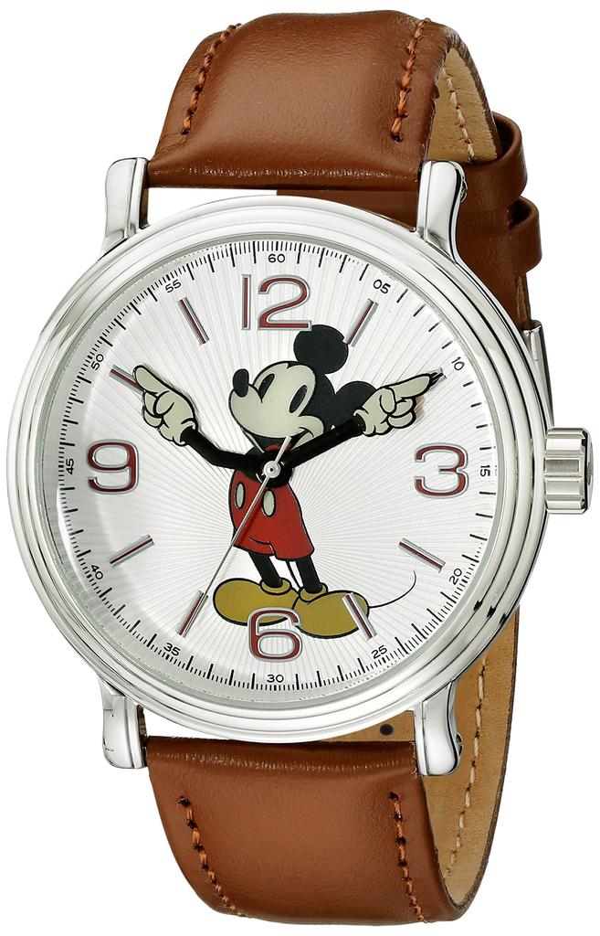 Disney Mickey Mouse Watch Black Band Brown Leather Men's