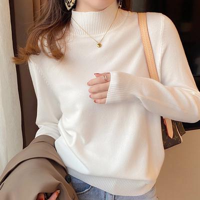 Pull-over Femme Automne Hiver Ample Vêtement d'Extérieur Col Semi-Montant Tricot Couche de Base Haut Doux