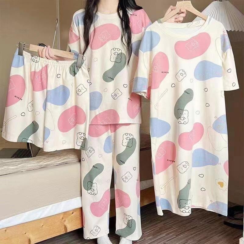 Pajamas women's summer round neck short-sleeved nightgown summer loose cropped pants loungewear set