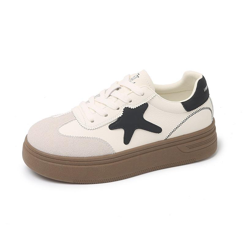 New soft leather women's shoes round head lace-up thick sole fashionable versatile color matching board shoes tide