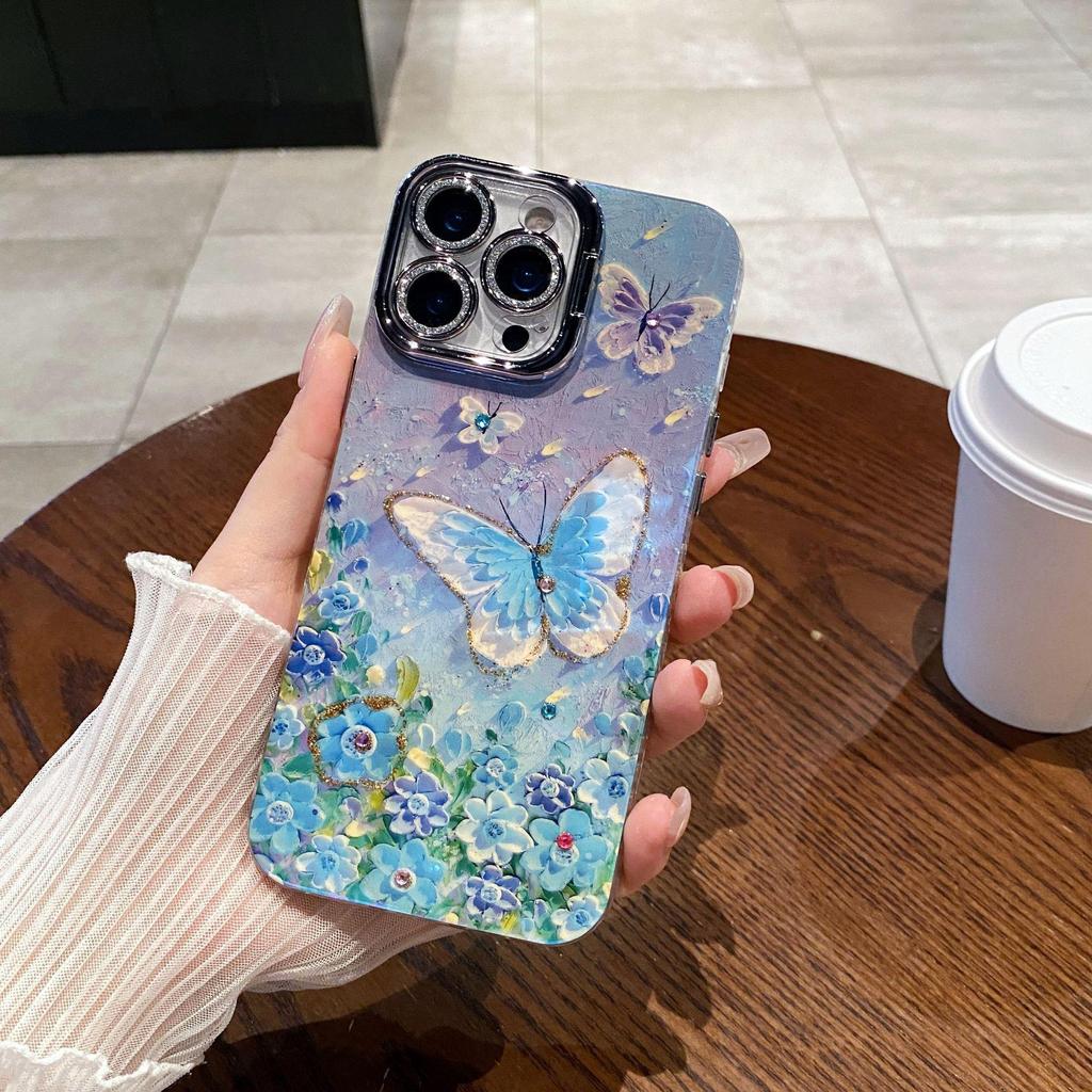 Schmetterling Ölmalerei iPhone 17 Pro Max Ständer Hülle - Vollständige Abdeckung für 16 Pro, 15, Design für Frauen