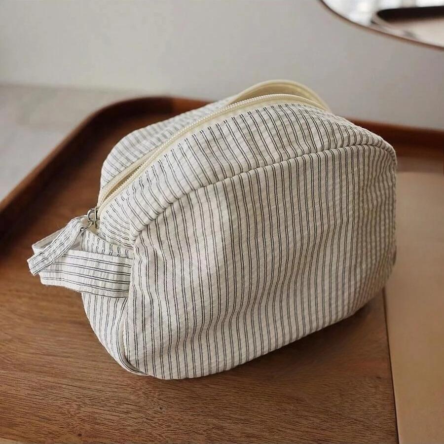 Classic Striped Makeup Bag Large Capacity Portable Cosmetic Bag Cotton Linen Fabric Dark Zipper Skin Care Travel Toiletry Bagportable Storage Bag