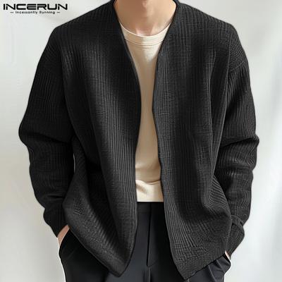 Autumn Spring Men Open Front Texture Jacket Coat Long Sleeve Cardigan