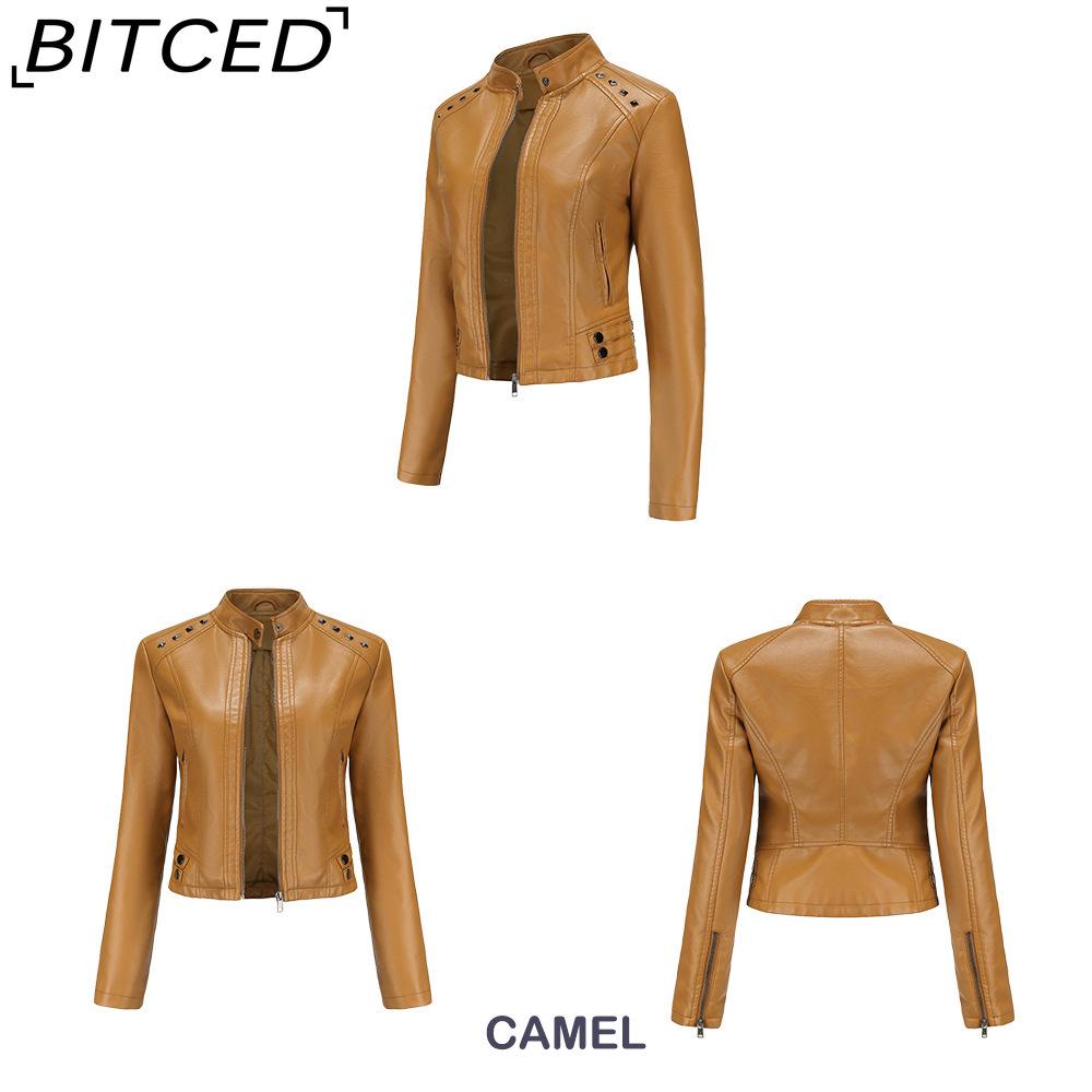 BITCED Women's Studded Leather Jacket Spring/Autumn Long-Sleeved Stand-Collar Fashion Jacket