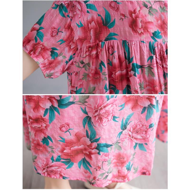 DIMANAF 2025 Sommer Damen Vintage Übergröße Langes Kleid mit floralem Druck Kurzarm Lässig O-Ausschnitt Basic Mode Lockeres Kleid