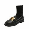 Bottes de Cheville Femme Tricot Stretch & Patchwork Cuir Marque Chaînes Métalliques Botas Mujer 41-43 Grande Taille Féminin Chaussettes Slim Botines