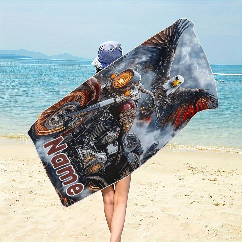 Custom Eagle Motorcycle Beach Towel Personalized Name Biker Microfiber Bath Towels Soft Quick Dry Swimming Pool Lounger Gift