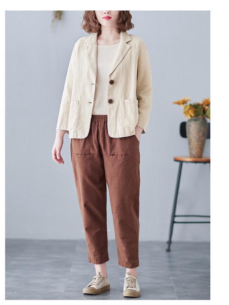 Women's 2024 Spring/Autumn Cotton-Linen Loose Casual Blazer - Plus Size, Long Sleeve, Short Jacket
