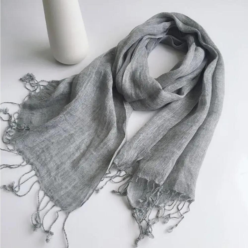 100% Linen Solid Color Mens' Scaves Summer Spring Japanese Style Air Conditional Shawls Large Size Wraps With Tassels 45x200cm