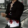 Men Collared Shirt Black Red Rose White Butterfly Swirl Print Long Sleeve Button Down Top