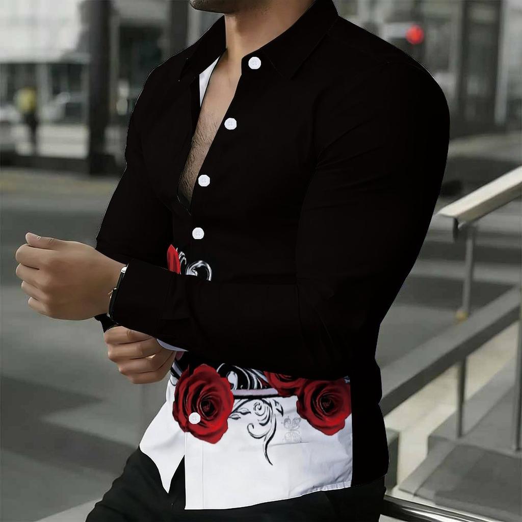 Men Collared Shirt Black Red Rose White Butterfly Swirl Print Long Sleeve Button Down Top
