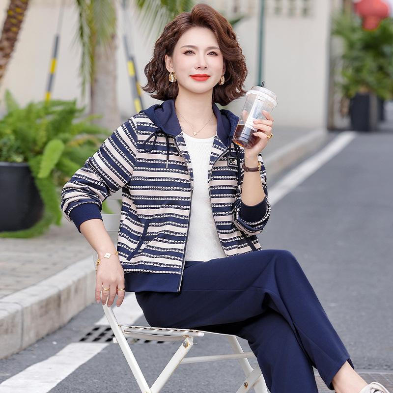 

Spring Women s Casual Striped Jacket & Elastic Waist Pants Set XL (90-115 lbs)