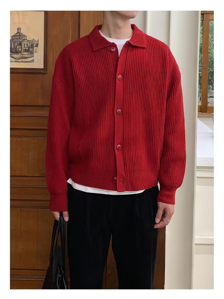 Men's Bright Red Knitted Cardigan, Spring/Autumn Korean Style, Lapel, Year of the Rat Pure Color Outerwear