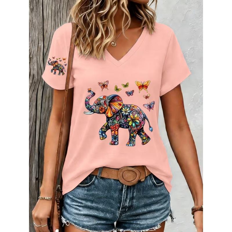 Modisches Retro-Tier Elefant 3D-Druck Damen-T-Shirt für Sommerkomfort V-Ausschnitt Kurzarm Täglich