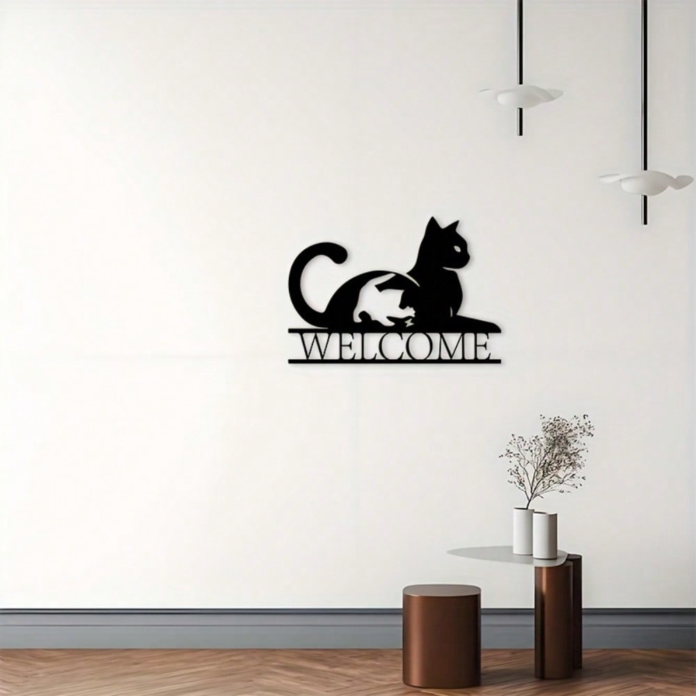 Modern Cat Welcome Sign Metal Wall Art Black Iron Plaque Pet Lovers Gift Housewarming