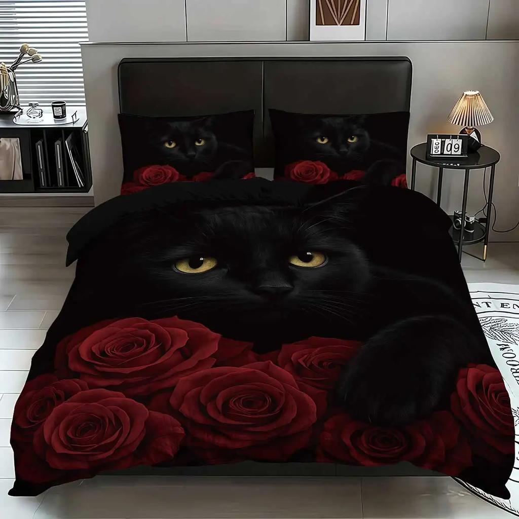 3pcs Black Cat Pattern Printed Bedding Set, 1*quilt Cover+2*pillowcase, Suitable for King Bed, Single Bed for All Seasons