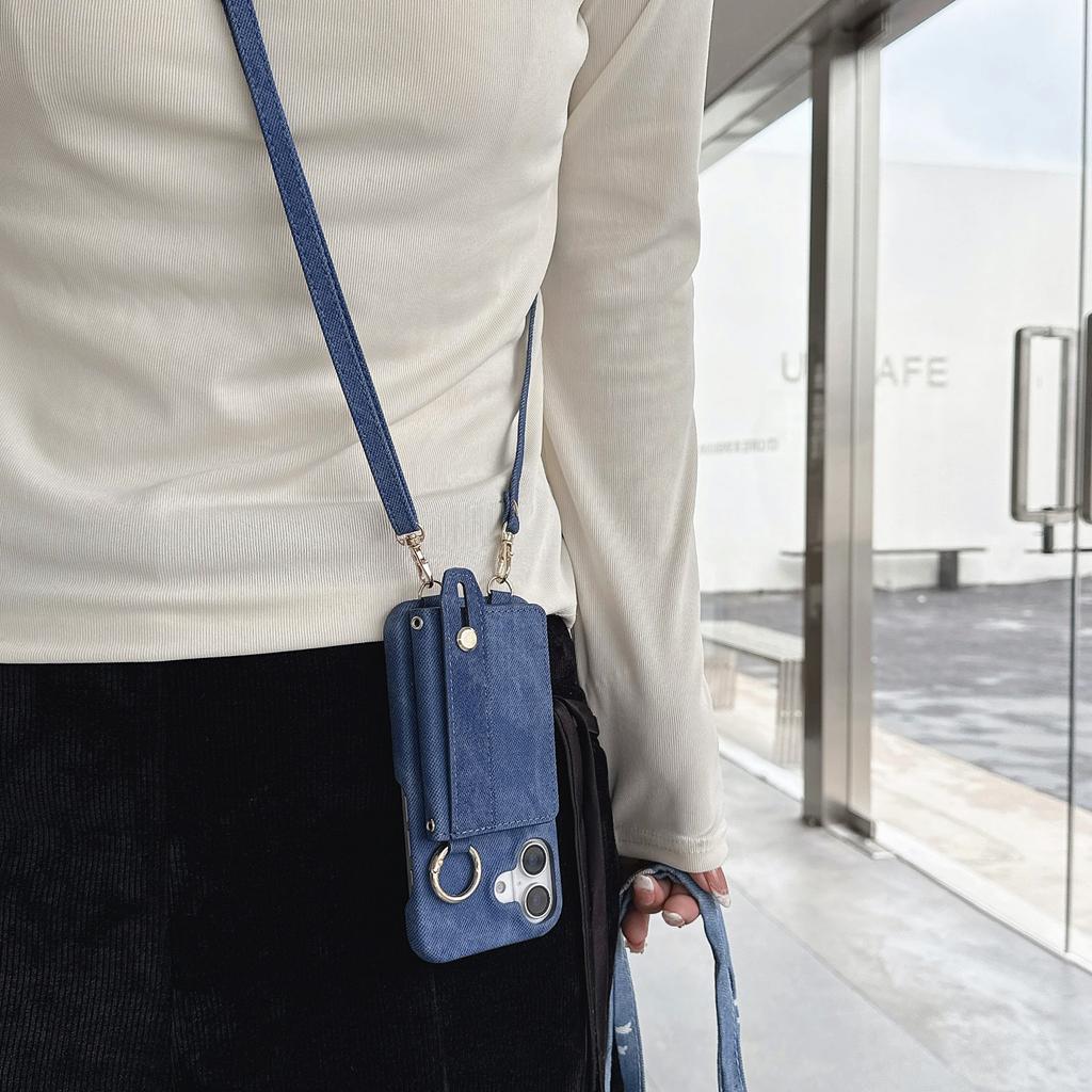 Crossbody Cards Solt Wallet Cowboy Ring Holder Case For iPhone 16 Pro Max 15 Plus 14 13 12 Long Lanyard Wristband Denim Cover