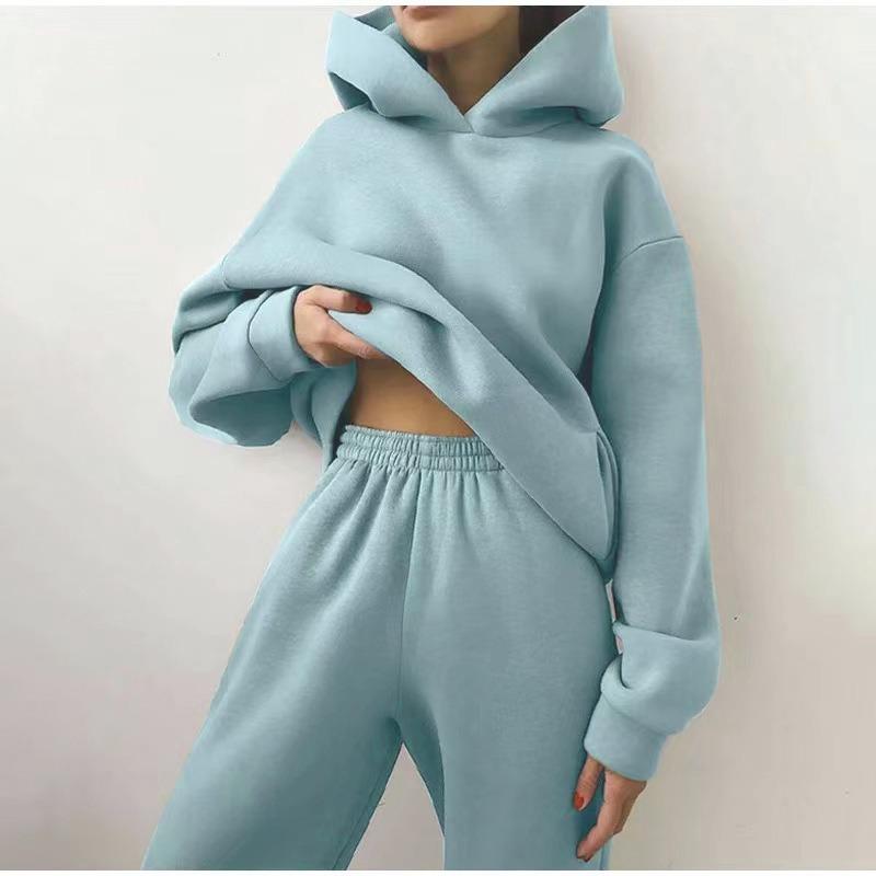 European and American Style Autumn and Winter Casual Thick Long Sleeved Sweatshirt Long Pants Two-piece Set for Women