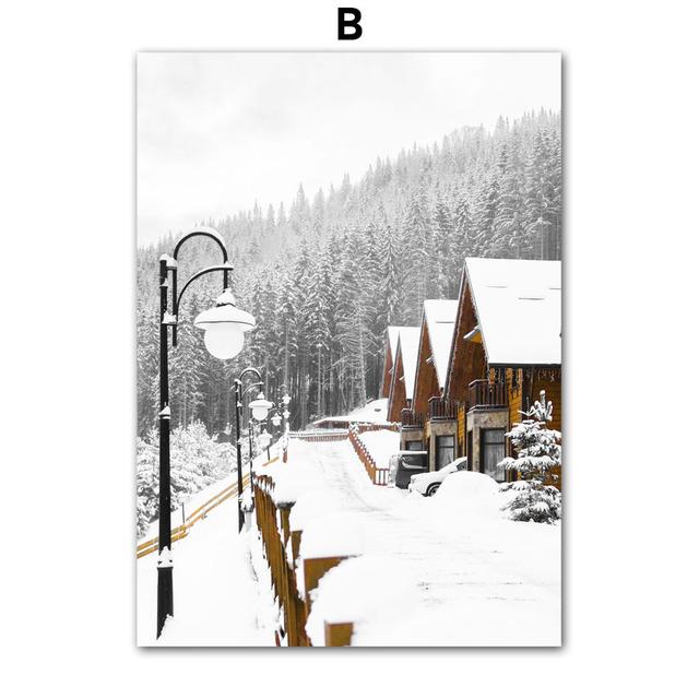Winter Scenery Picture Canvas Painting Wall Art Elk Animal Wood Snowscape Poster and Print for Modern Home Living Room Decor