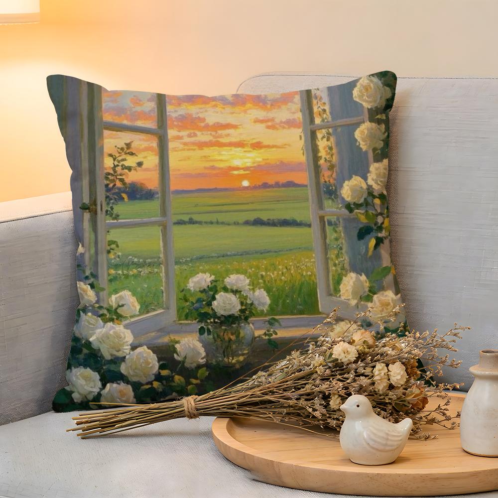 Cushion Cover  Linen  SkinFriendly Soft Decorative Case for Sofa Home Decor Landscape painting style Pillow cover