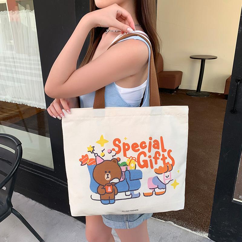 Cute genuine brown bear canvas bag women's new large-capacity zipper student shoulder bag tutoring bag