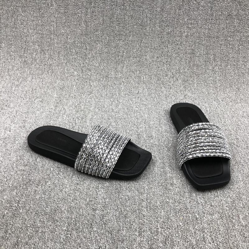 Fashion summer new casual sandals women's shoes open-toed flat-bottomed rhinestone strips outer wear one-word simple cool slippers women