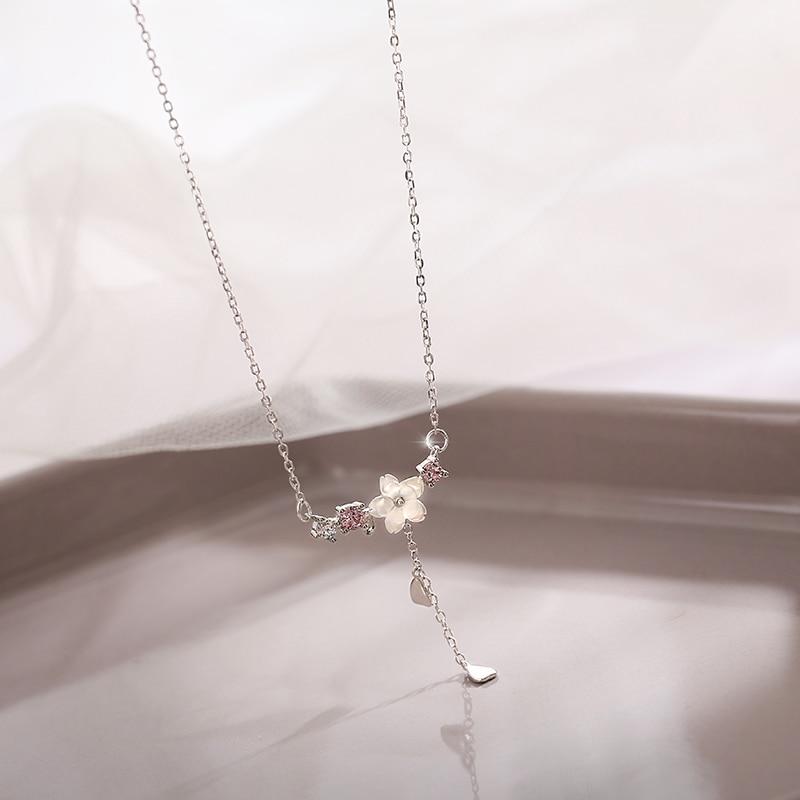 925 Sterling Silver Cherry Flower Shell Long Tassel Necklace for Women Sweet Heart Pendant Clavicle Chain Necklace S-N703