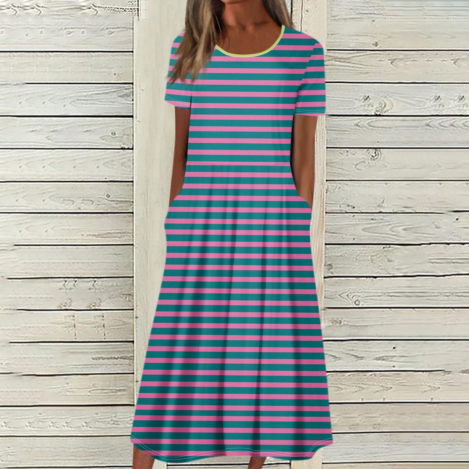 Женское летнее повседневное модное платье с коротким рукавом и карманом с круглым вырезом — фото 7