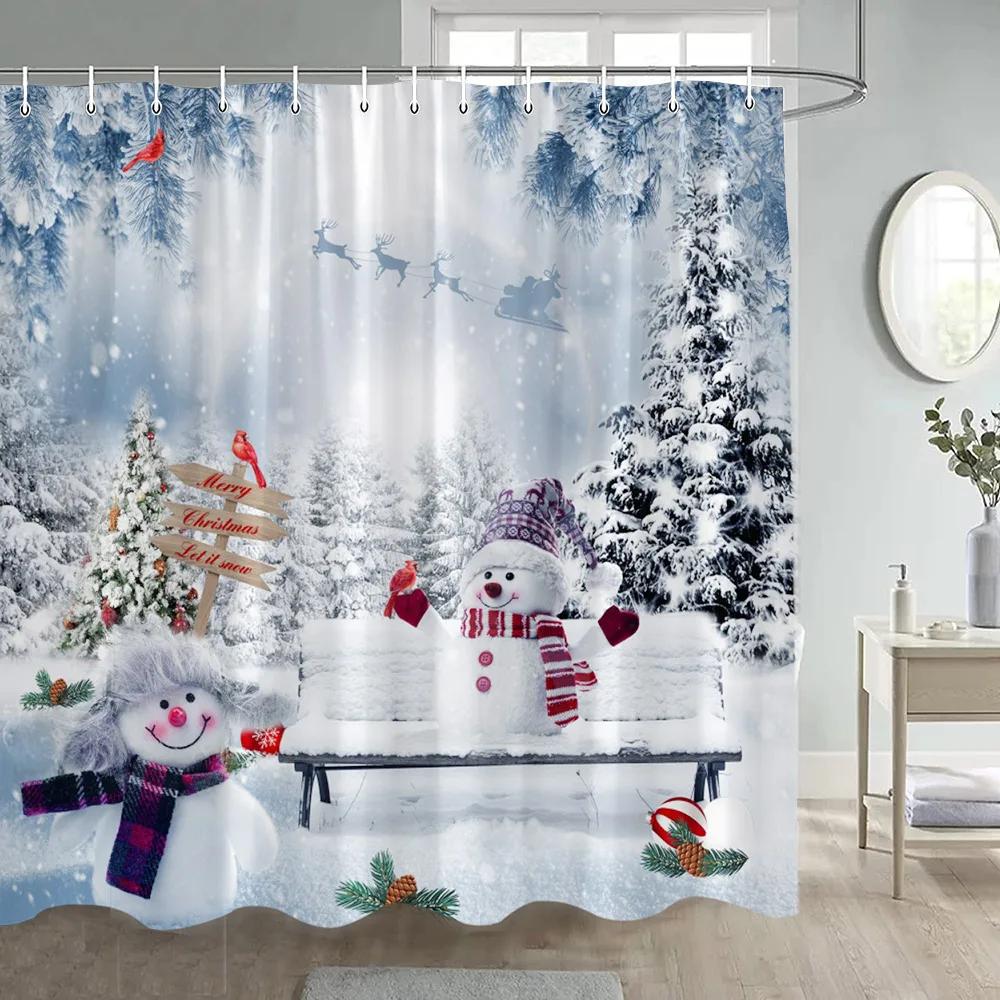 Christmas Snowman Shower Curtain Winter Forest Red Berry Birds Snowy Scene Xmas Bath Curtains Fabric Wall Hanging Bathroom Dec