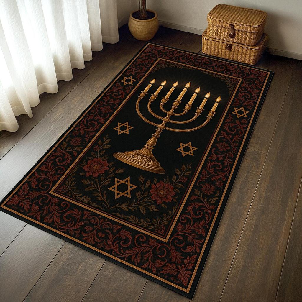 Star of David Menorah Prayer Mat, Pink Floral Jewish Rug for Home, Non-Slip Soft Area Carpet, Chanukah Gift, Traditional Decor