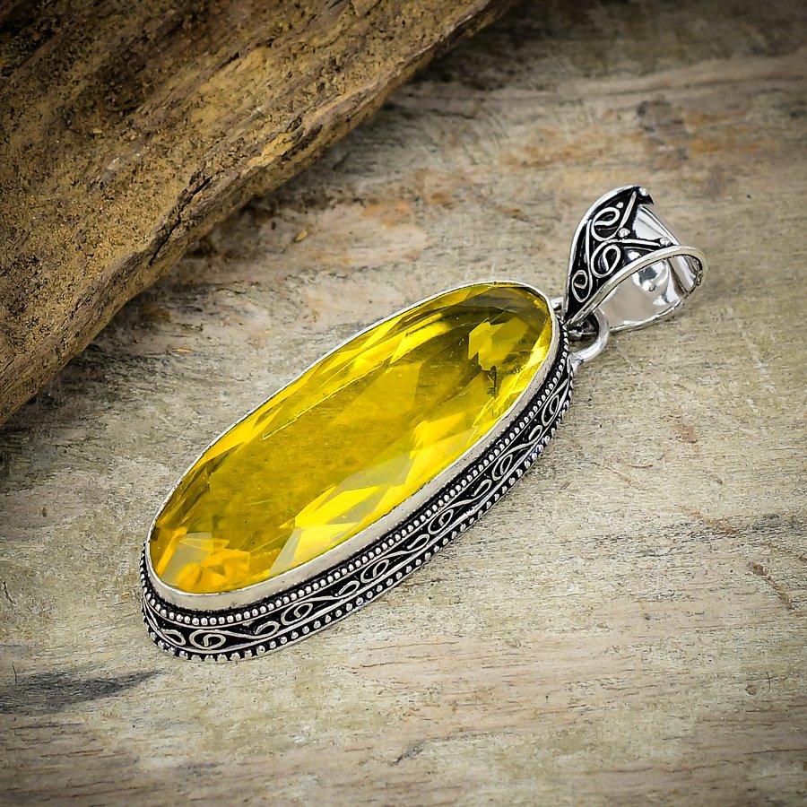 Lemon Topaz Gemstone Handmade 925 Sterling Silver Jewelry Pendant 2.56" M-169