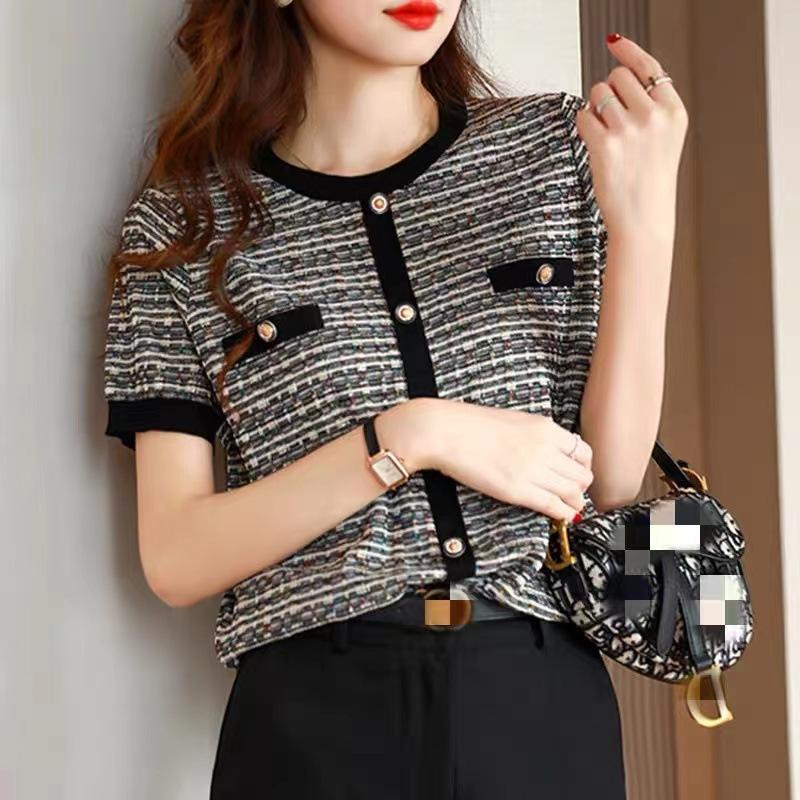 Ice Silk Knitted Blouse, Small Fragrance, Short-sleeved T-shirt, Women's Summer Thin Round Neck, Fashionable Temperament, Loose Striped Shirt