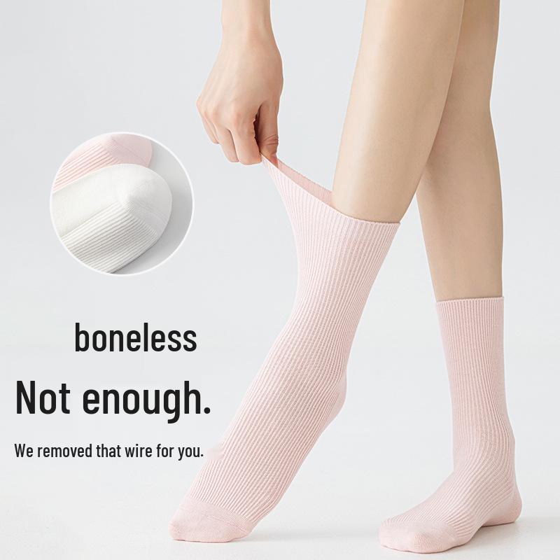 Women's Pure Cotton Mid-Calf Socks - Spring/Summer Style, Double Needle Craft, Solid Color, Seamless Toe.