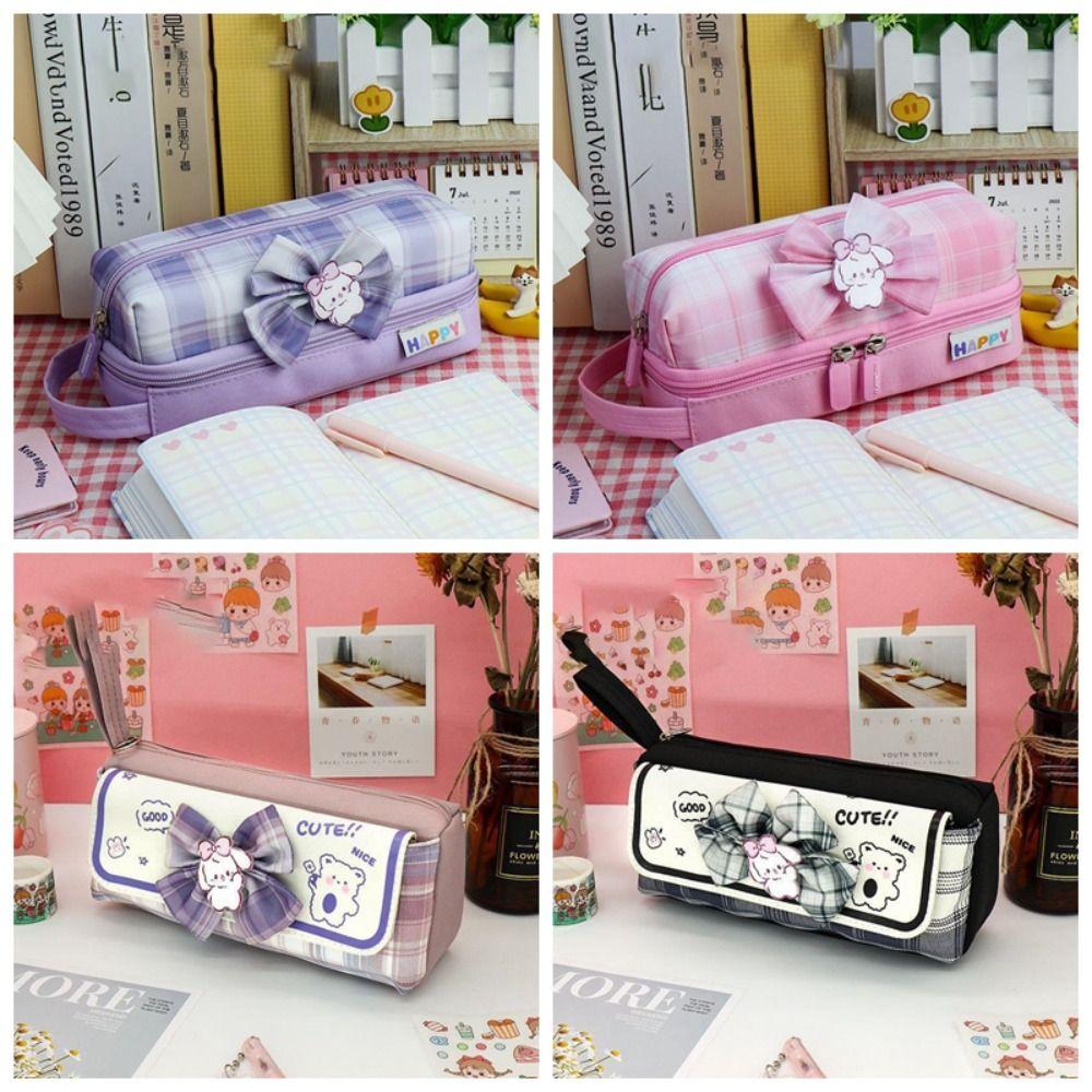 

Large Capacity Large Capacity Pencil Case Bow Checkerboard Stationery Bag School Supplies