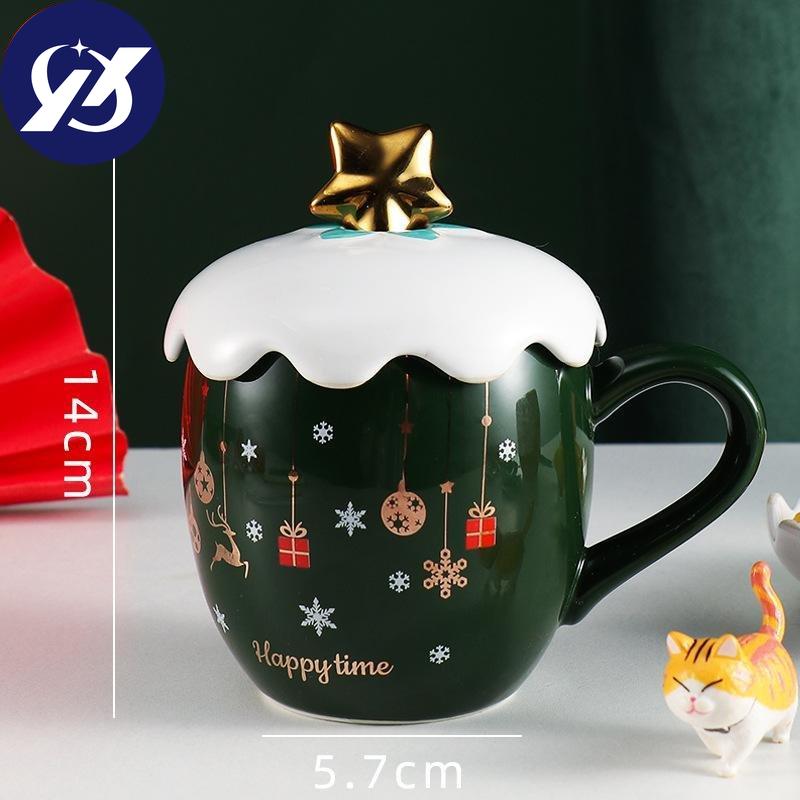 Christmas Mug with Lid Spoon Girl Cute Coffee Cup Ceramic Water Cup Office Couple
