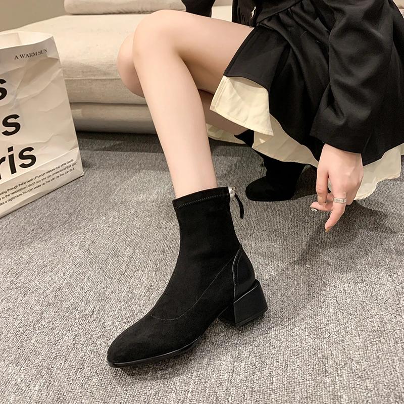 Fashion 2024 Fashion Ladies Shoes Zipper Women's Boots Autumn Winter Square Toe Suede Warm Solid Short Barrel Chunky Heels Women Boots