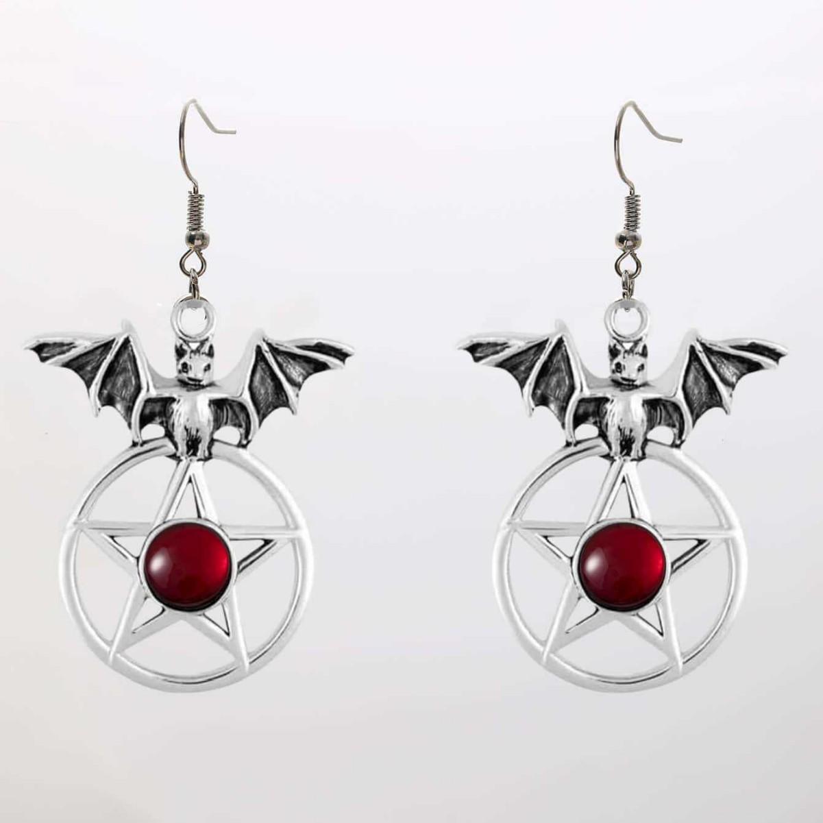 

Goth Punk Sliver Color Vampire Bat Five-pointed Star Red Crystal Pendant Dangle Earrings for Women Halloween Party Witch Jewelry