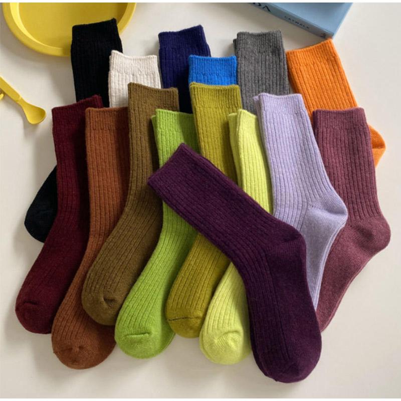 Damen Baumwolle Lockere Socken Herbst Winter Stricken Einfarbige Lange Schwarz Rosa Koreanische Japanische Schülerinnen Winterstrümpfe Retro