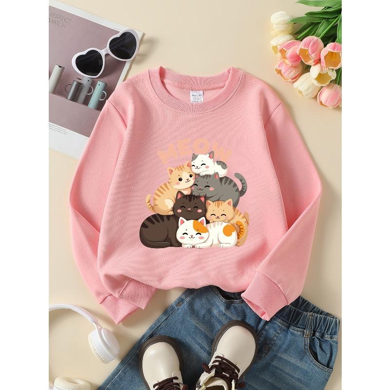 European sizes Girls Cute Cat Stack Crewneck Sweatshirt, Western Style Soft Comfortable Long Sleeved Casual T-Shirt