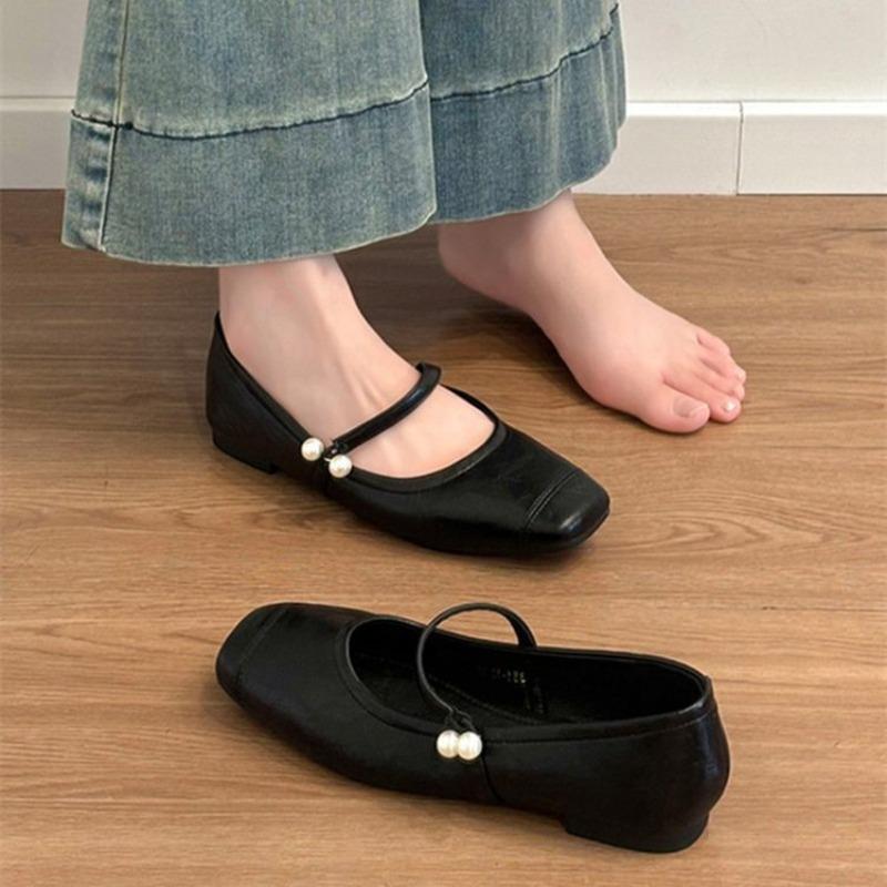 Retro Flat Bottom Simple Mary Jane Shoes Women's Autumn New Square Head Shallow Mouth Beaded Versatile Casual Single Shoes Women