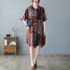 Summer New Plus Size Loose Comfortable Cotton Linen Vintage Printed Lotus Tail Shirt Dress