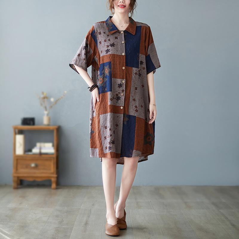 Summer New Plus Size Loose Comfortable Cotton Linen Vintage Printed Lotus Tail Shirt Dress