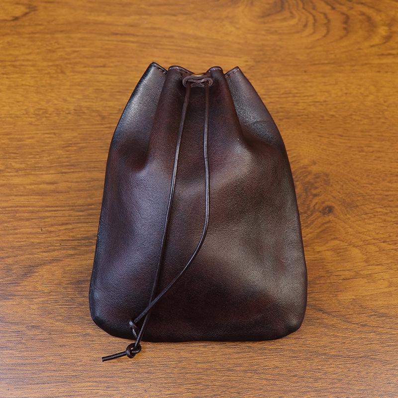 European Retro Cowhide Coin Purse: Hand-rubbed Leather Change Pouch with Drawstring