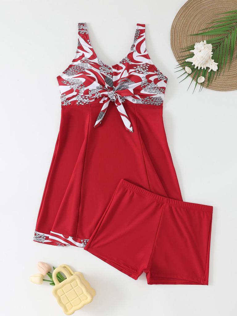 European and American Style Printed Two-Piece Skirted Tankini with Boyshorts Women's Swimwear