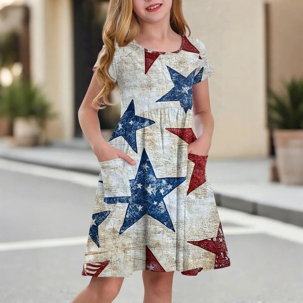 Kinder Rundhals Kurzarm Prinzessinnenkleid Modisch Und Lässig Tasche Mädchen Unabhängigkeitstag Kleid