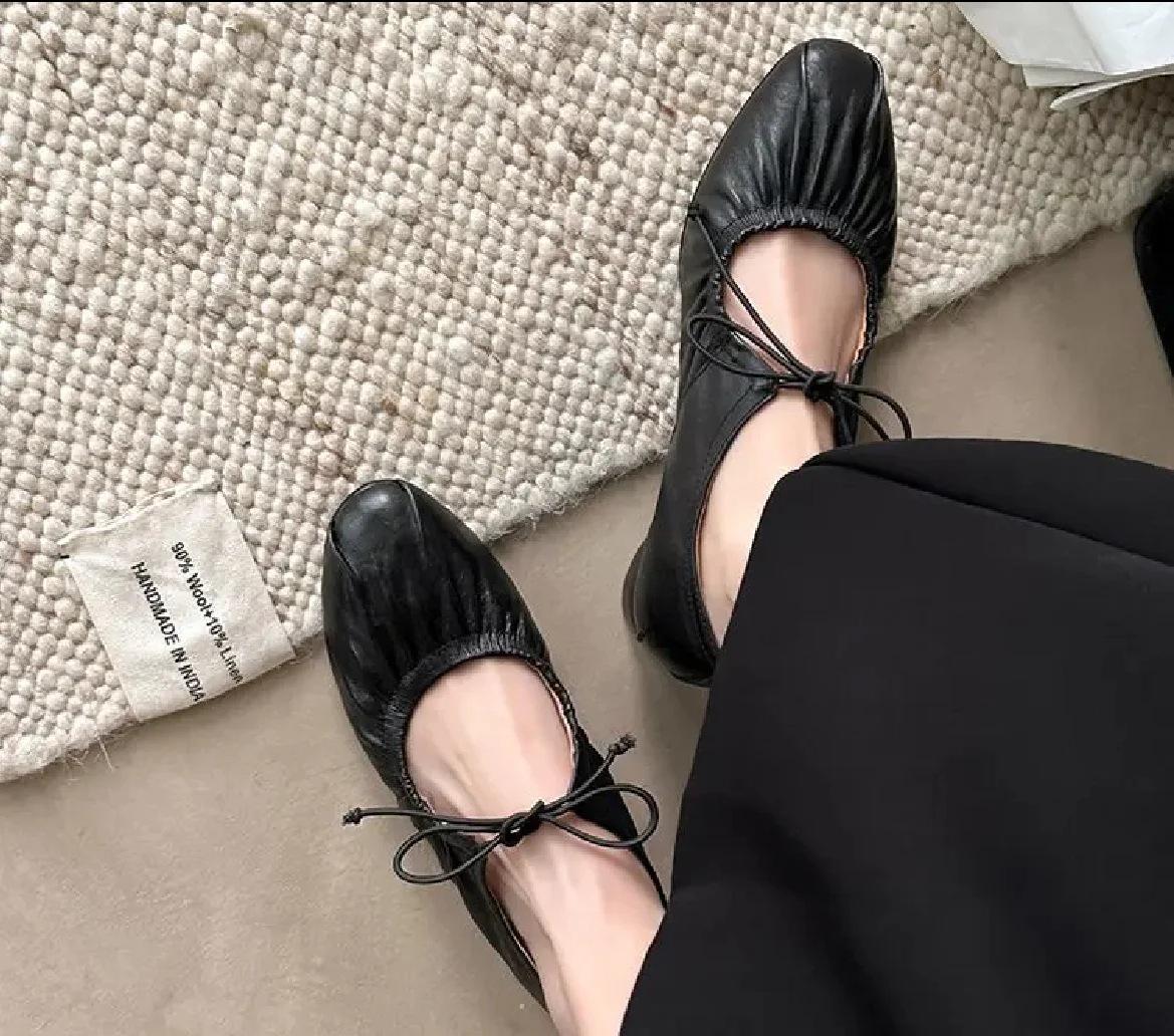

Sheepskin version~ lace-up bow pleated ballet single shoes women s 2025 new leather retro flats grandma shoes 35 чёрный