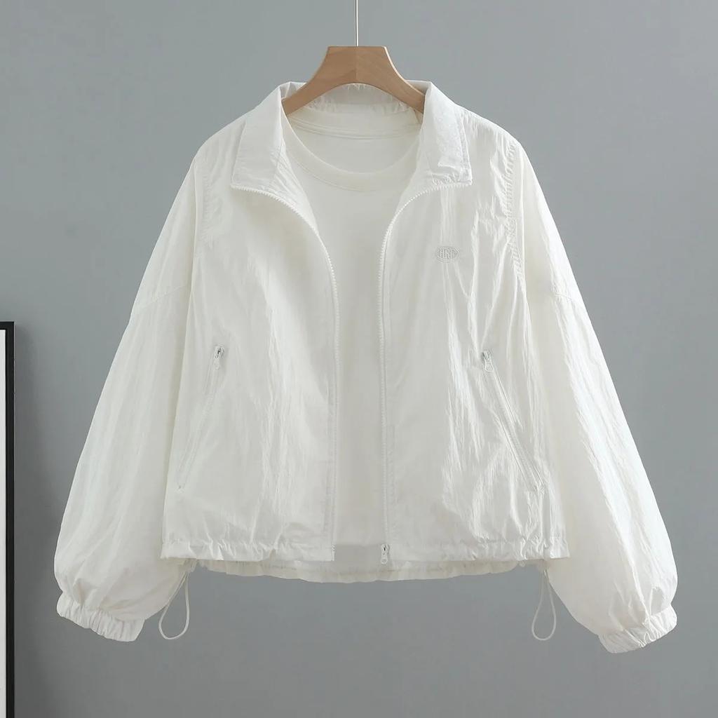 Giacca Estiva Leggera con Coulisse Protezione Solare Donna Cappotto Corto Protezione Solare Coreano Larga con Lettere Collo Alto Giacca Top